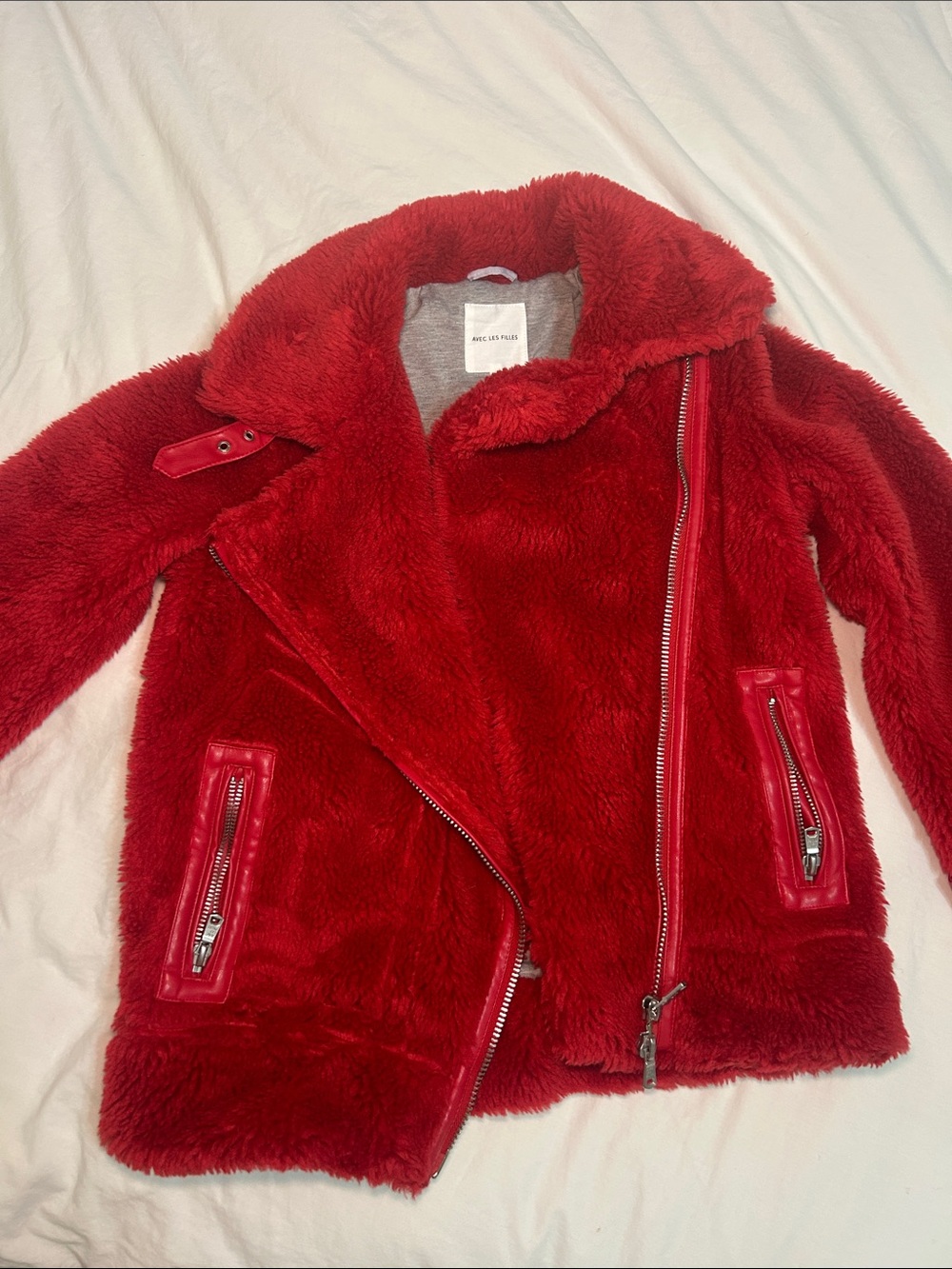 Avec Les Filles Womens' Red Faux Fur Moto Jacket